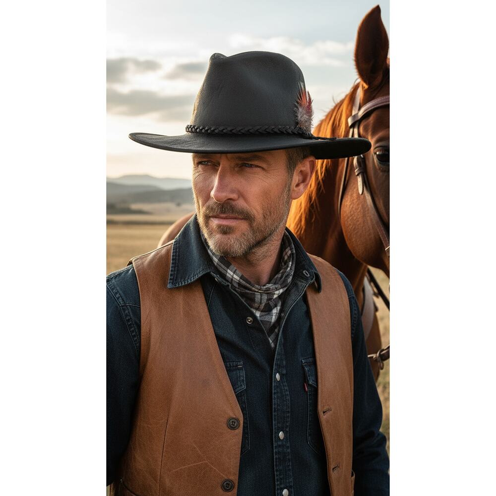 Vintage Leather Cowboy Hat Feather Western Unisex Small USA Made - Picture 4 of 12